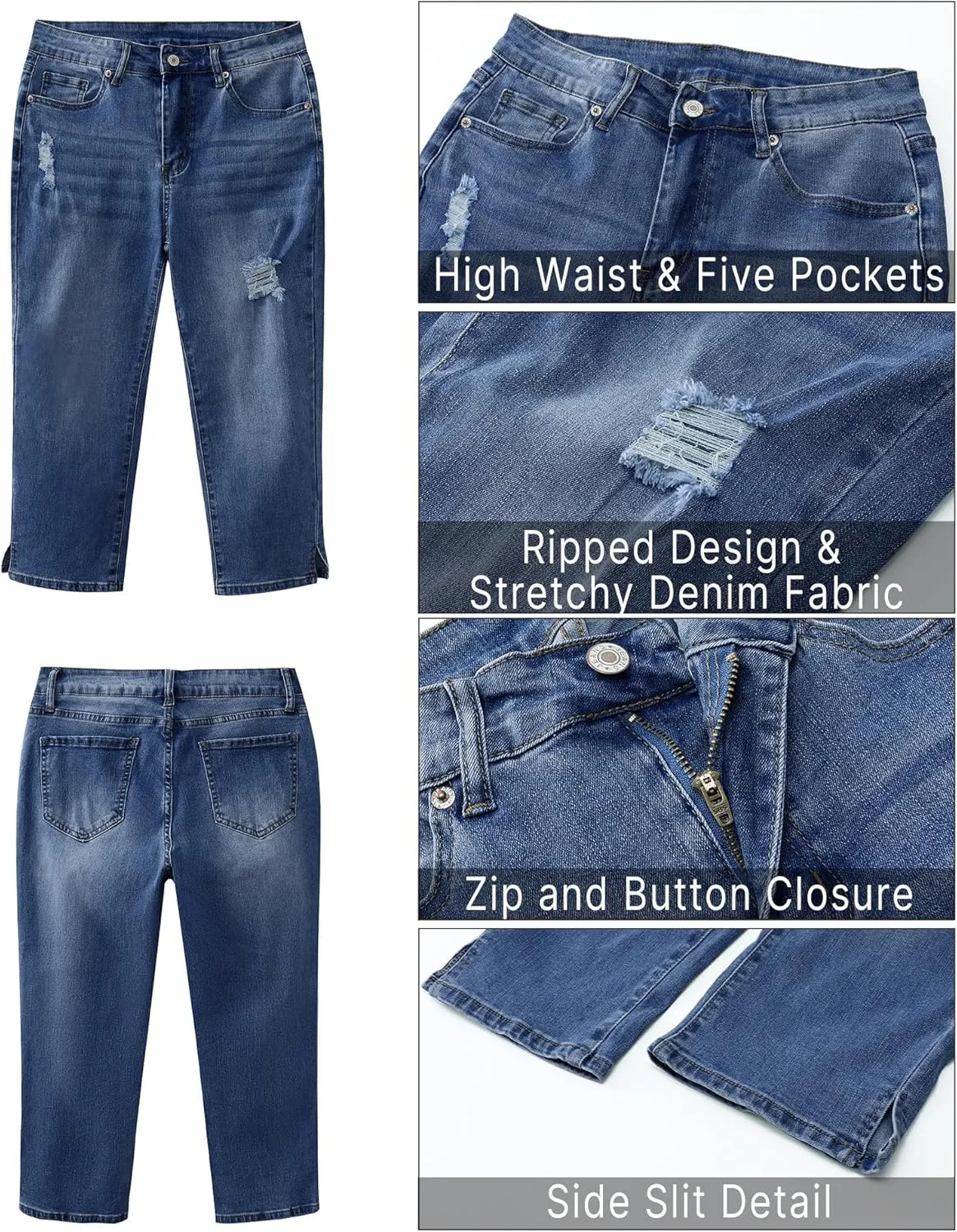GRAPENT Capris Jeans for Women High Waisted Stretchy Ripped Skinny Denim Capri Pants Distressed Cropped Jeggings Casual