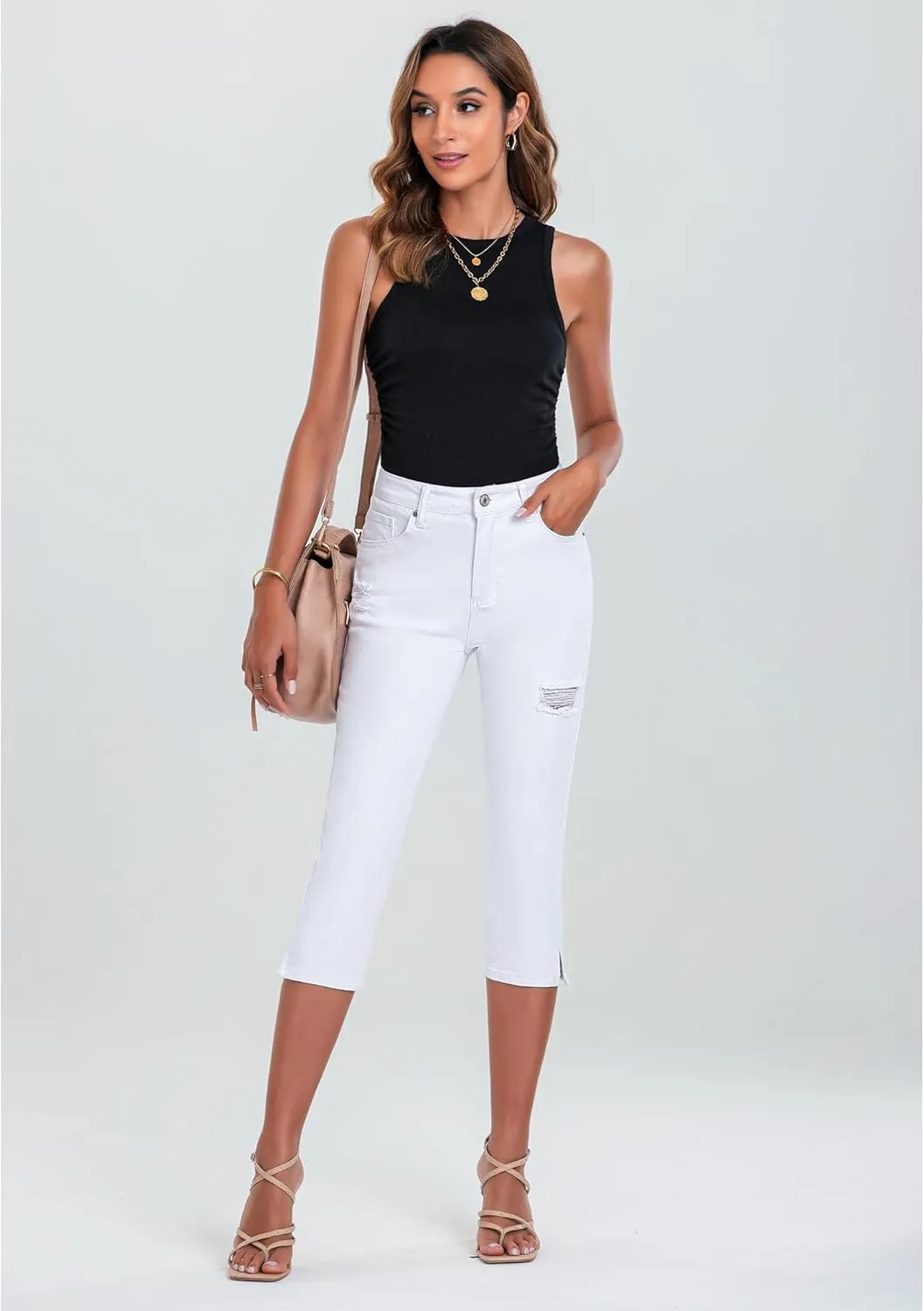 GRAPENT Capris Jeans for Women High Waisted Stretchy Ripped Skinny Denim Capri Pants Distressed Cropped Jeggings Casual
