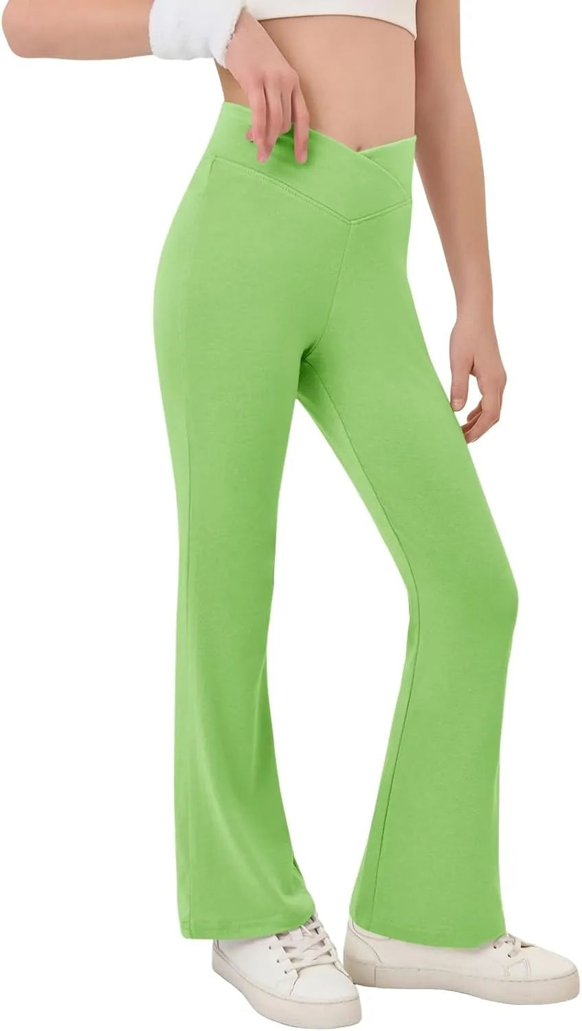 Haloumoning Girls Crossover High Waisted Flare Pants Kids Bootcut Leggings Full Length Bell Bottoms 5-14 Years
