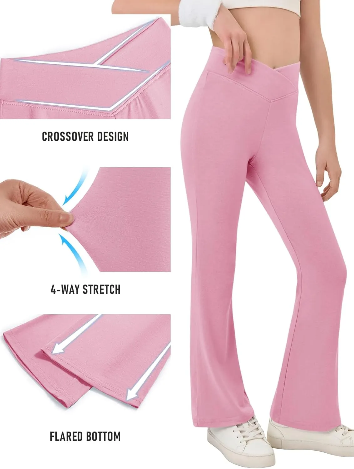 Haloumoning Girls Crossover High Waisted Flare Pants Kids Bootcut Leggings Full Length Bell Bottoms 5-14 Years