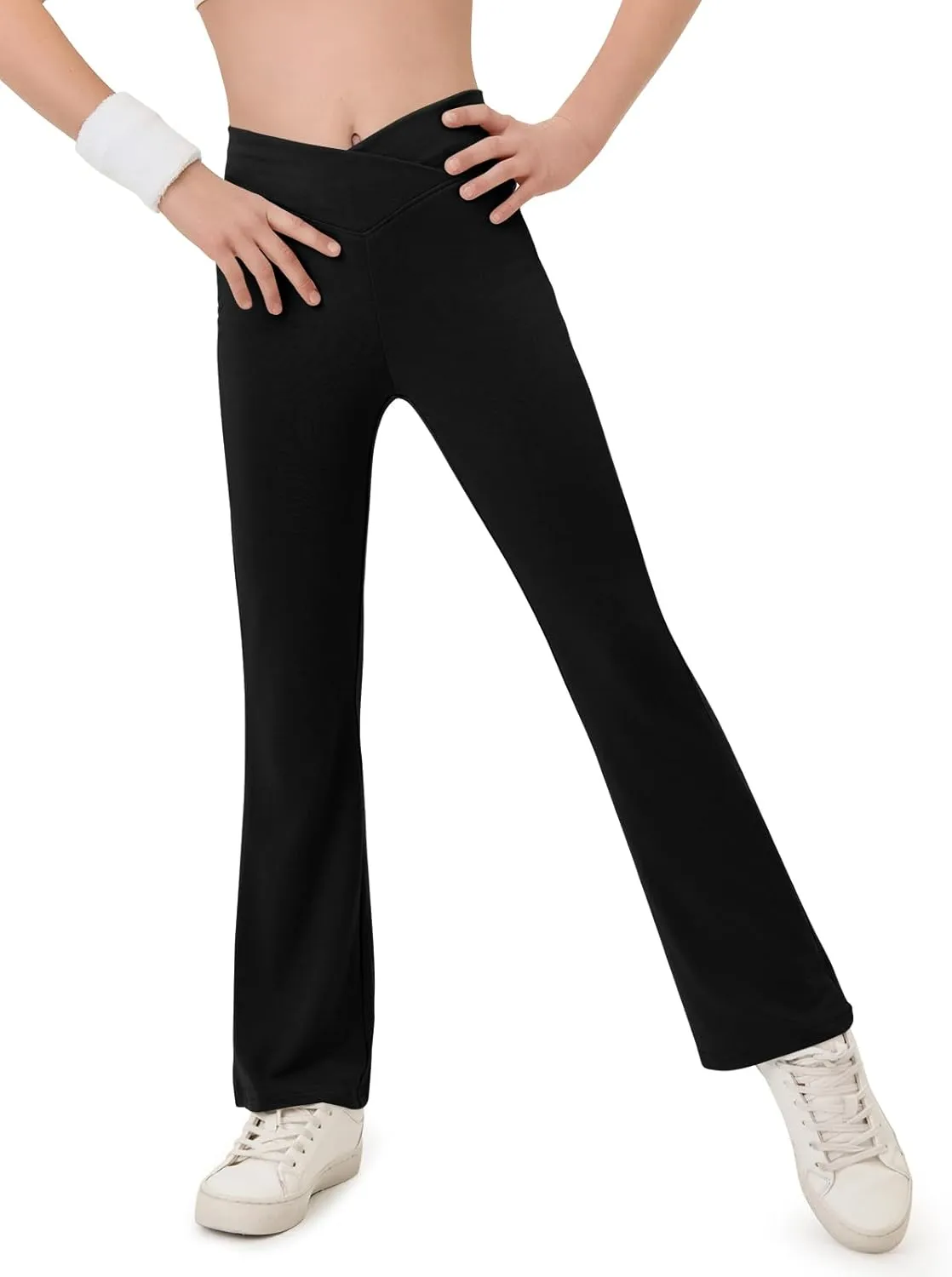 Haloumoning Girls Crossover High Waisted Flare Pants Kids Bootcut Leggings Full Length Bell Bottoms 5-14 Years
