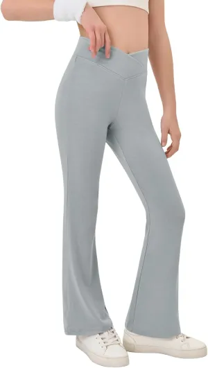 Haloumoning Girls Crossover High Waisted Flare Pants Kids Bootcut Leggings Full Length Bell Bottoms 5-14 Years