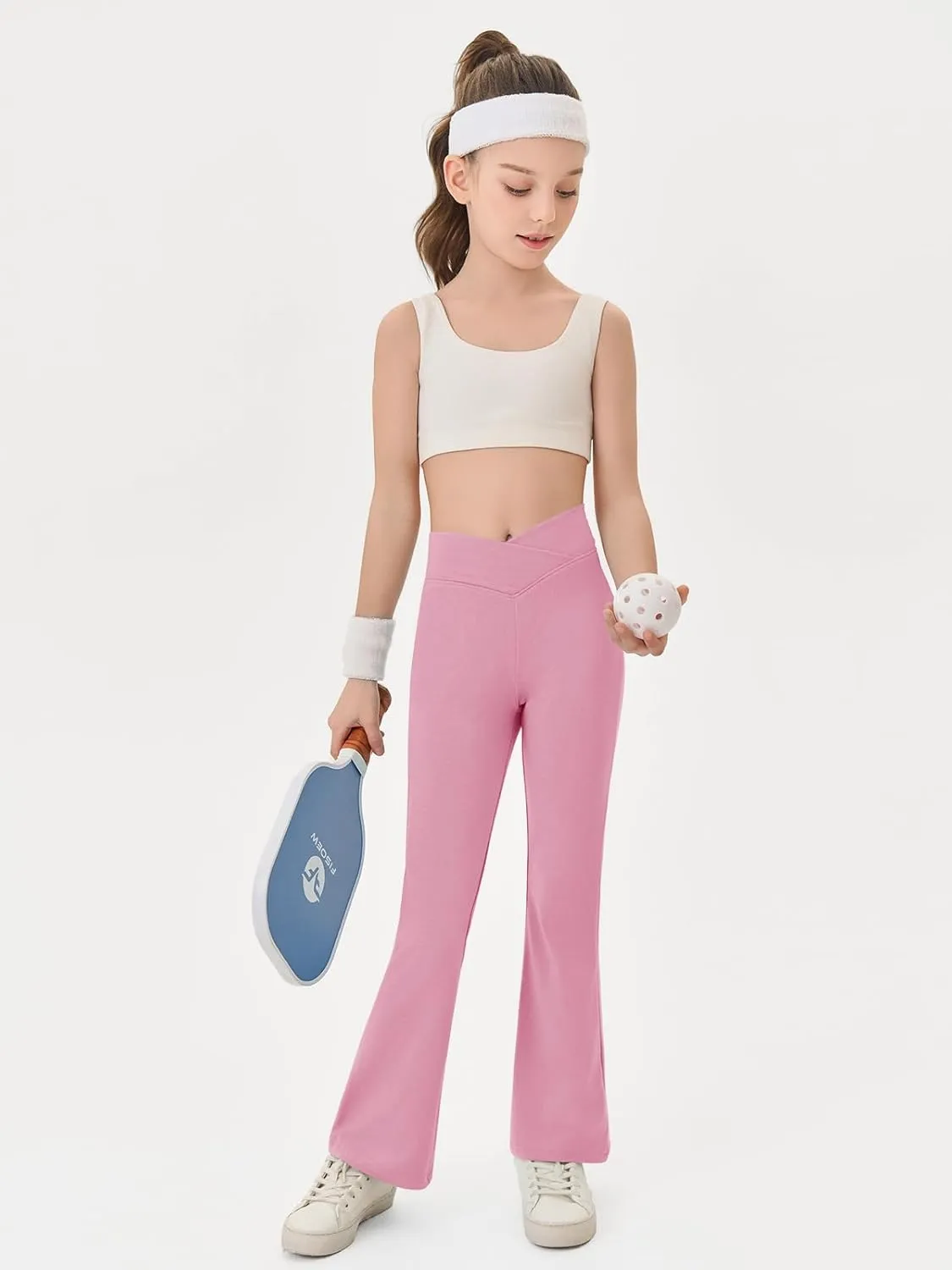 Haloumoning Girls Crossover High Waisted Flare Pants Kids Bootcut Leggings Full Length Bell Bottoms 5-14 Years