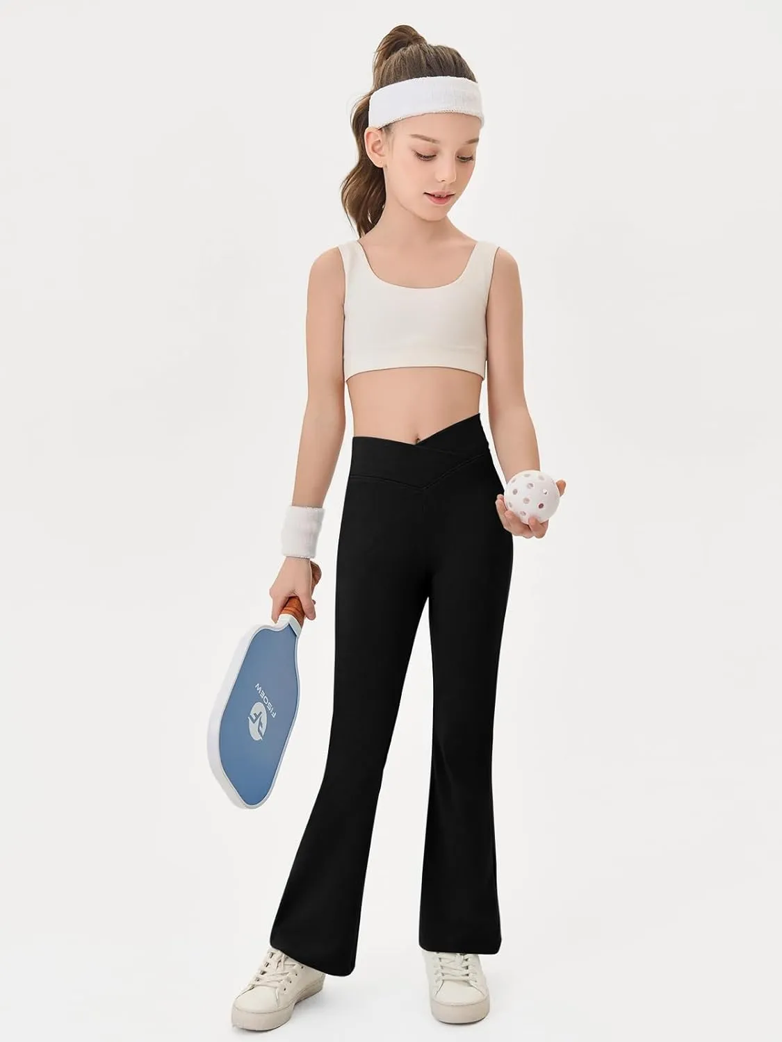 Haloumoning Girls Crossover High Waisted Flare Pants Kids Bootcut Leggings Full Length Bell Bottoms 5-14 Years