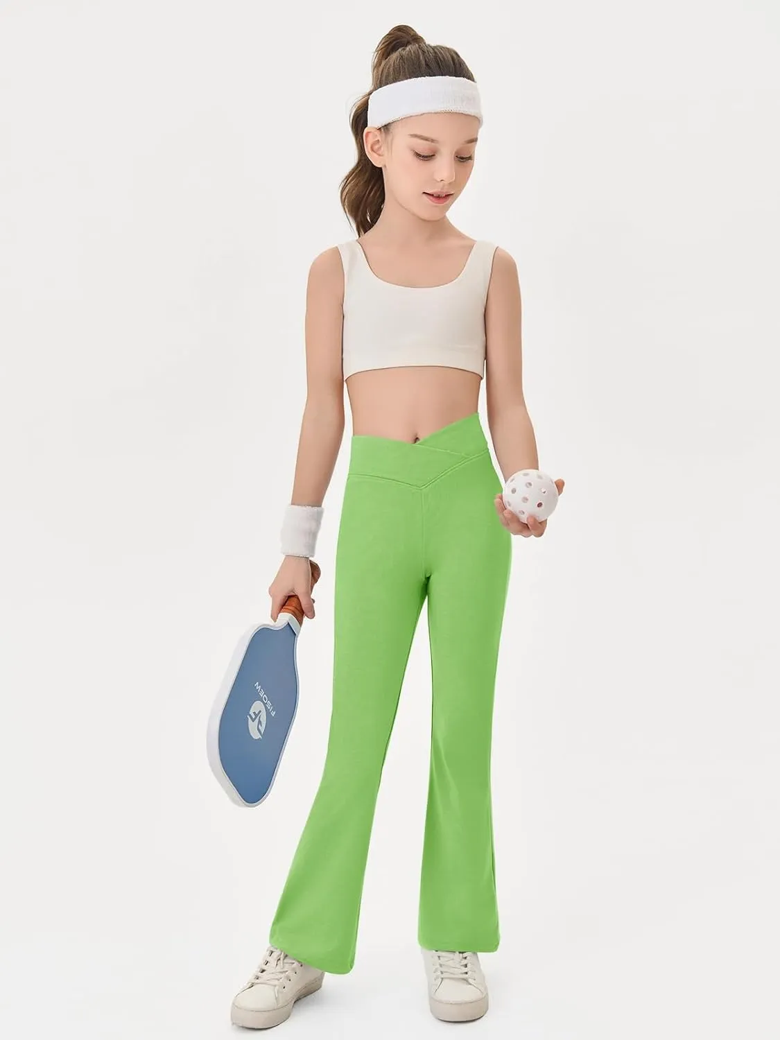 Haloumoning Girls Crossover High Waisted Flare Pants Kids Bootcut Leggings Full Length Bell Bottoms 5-14 Years