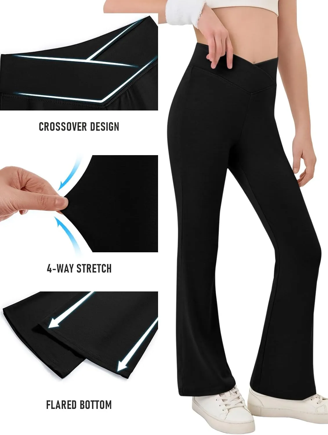 Haloumoning Girls Crossover High Waisted Flare Pants Kids Bootcut Leggings Full Length Bell Bottoms 5-14 Years
