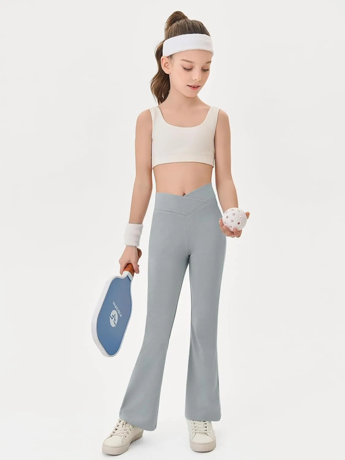Haloumoning Girls Crossover High Waisted Flare Pants Kids Bootcut Leggings Full Length Bell Bottoms 5-14 Years