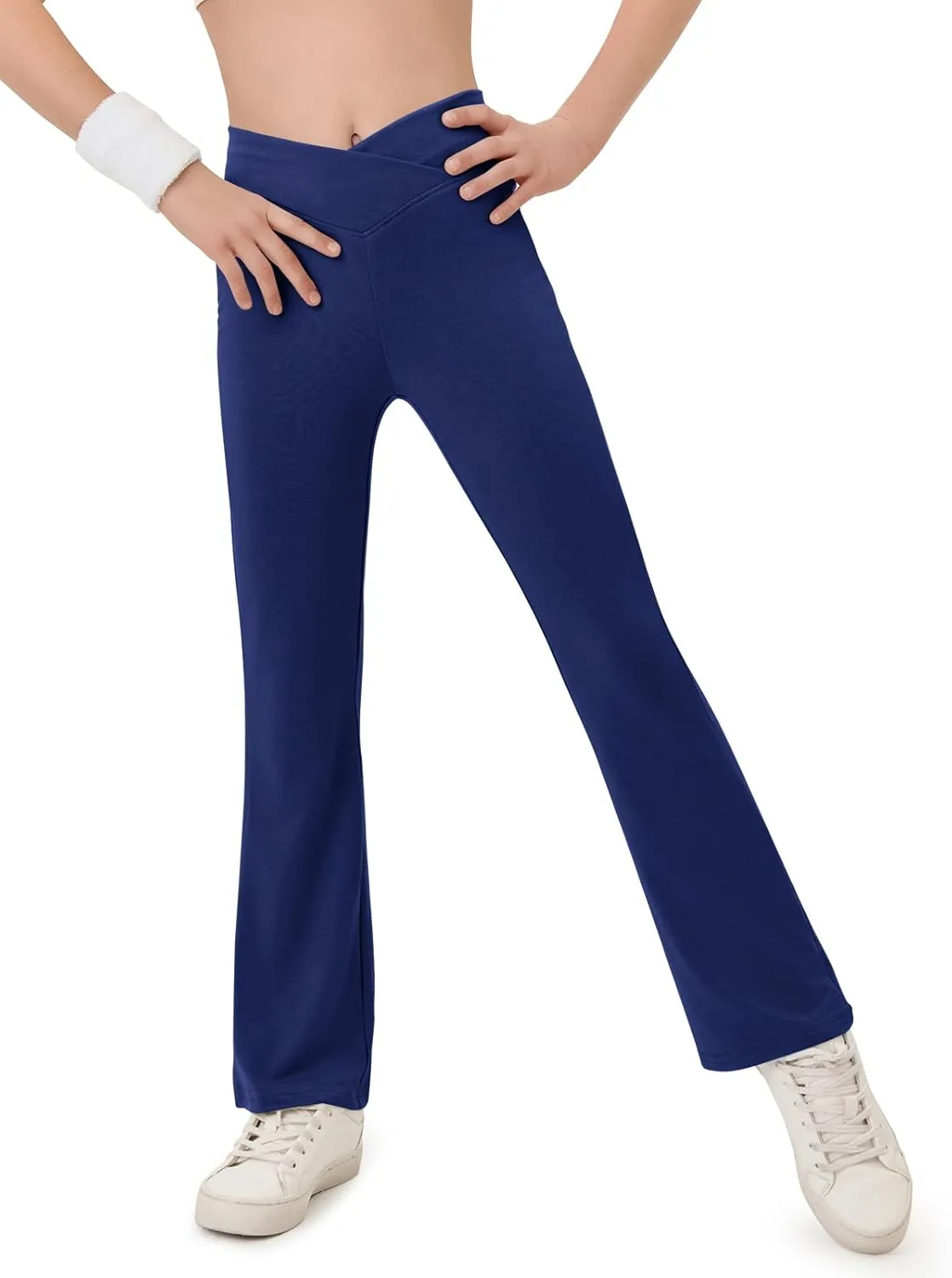 Haloumoning Girls Crossover High Waisted Flare Pants Kids Bootcut Leggings Full Length Bell Bottoms 5-14 Years