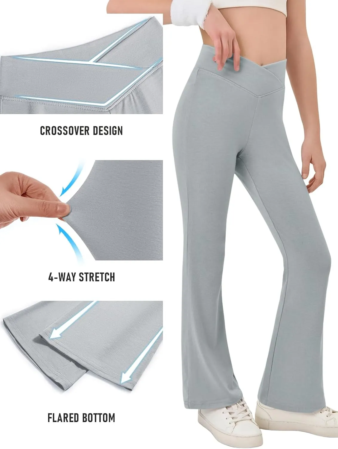 Haloumoning Girls Crossover High Waisted Flare Pants Kids Bootcut Leggings Full Length Bell Bottoms 5-14 Years