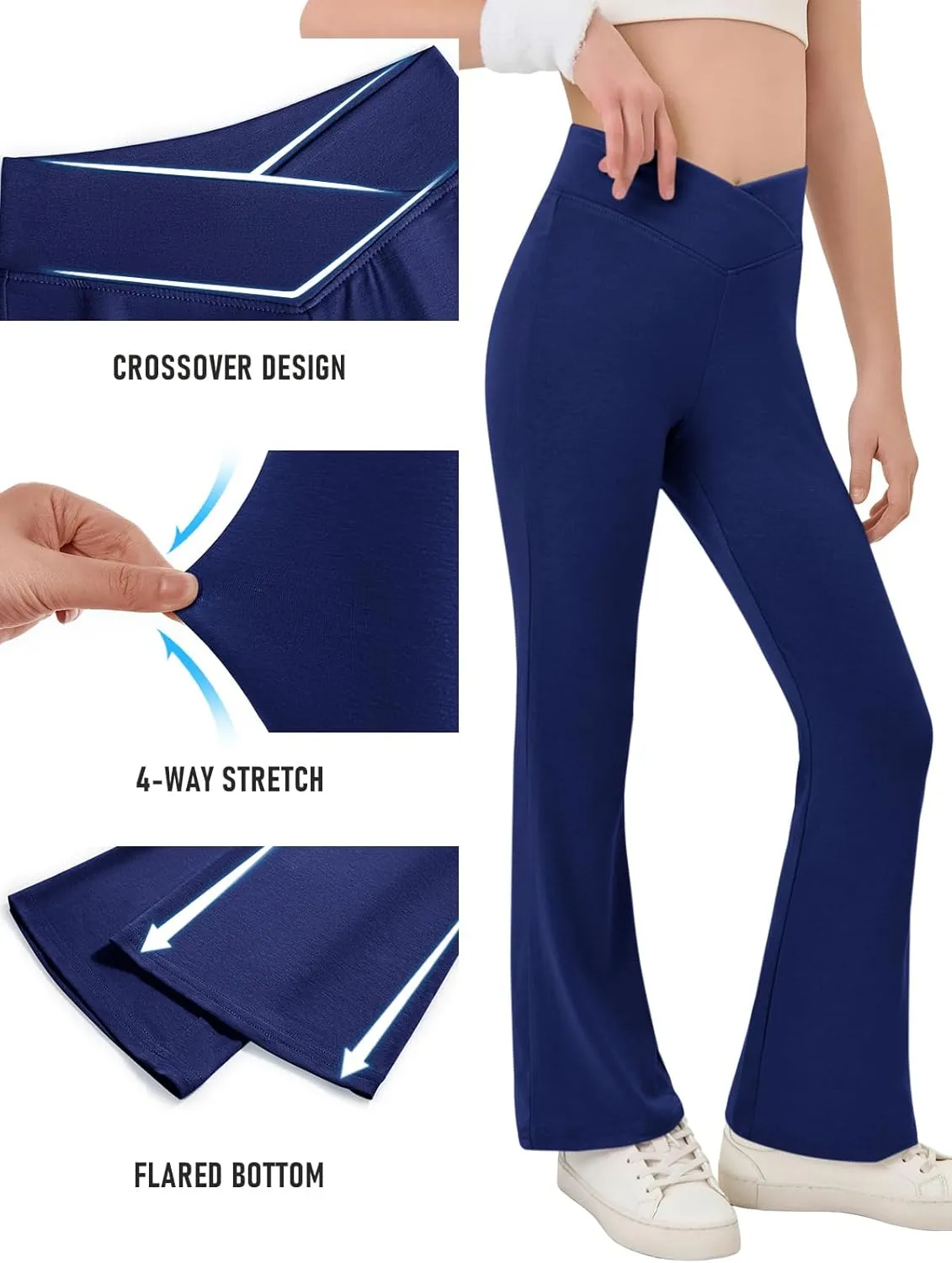 Haloumoning Girls Crossover High Waisted Flare Pants Kids Bootcut Leggings Full Length Bell Bottoms 5-14 Years