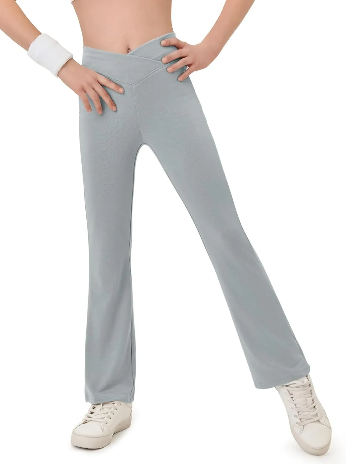 Haloumoning Girls Crossover High Waisted Flare Pants Kids Bootcut Leggings Full Length Bell Bottoms 5-14 Years