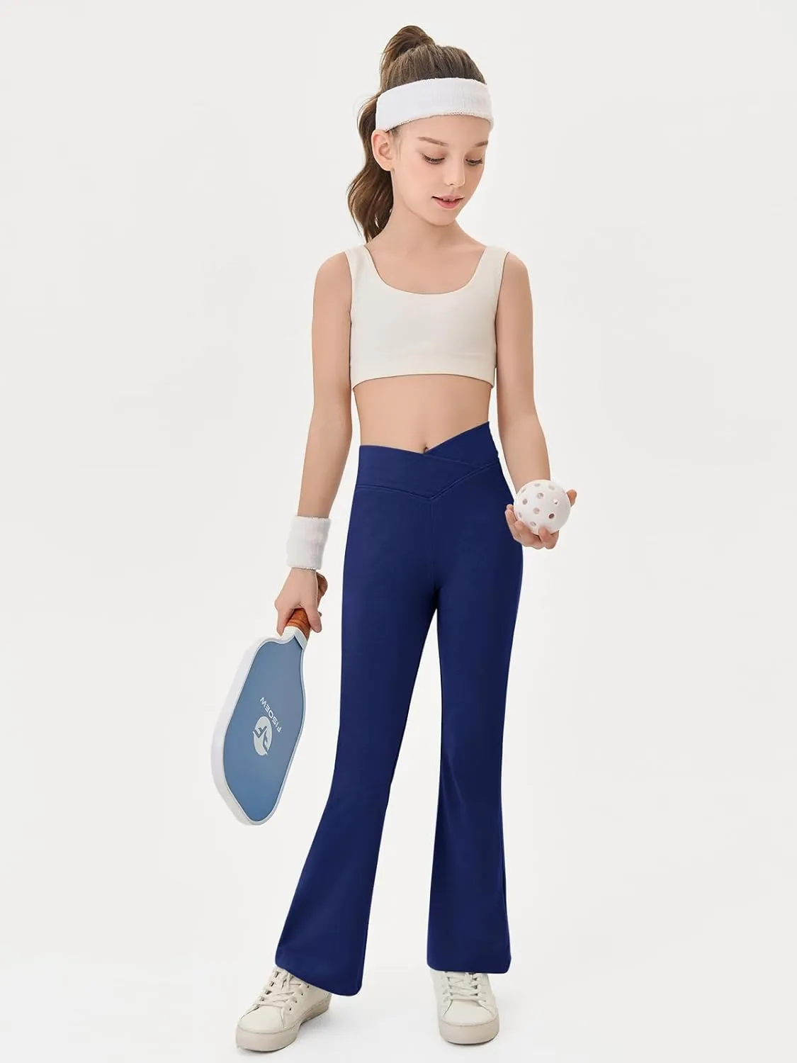 Haloumoning Girls Crossover High Waisted Flare Pants Kids Bootcut Leggings Full Length Bell Bottoms 5-14 Years