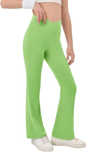 Haloumoning Girls Crossover High Waisted Flare Pants Kids Bootcut Leggings Full Length Bell Bottoms 5-14 Years