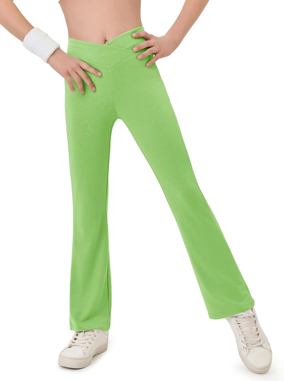 Haloumoning Girls Crossover High Waisted Flare Pants Kids Bootcut Leggings Full Length Bell Bottoms 5-14 Years