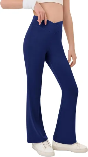 Haloumoning Girls Crossover High Waisted Flare Pants Kids Bootcut Leggings Full Length Bell Bottoms 5-14 Years