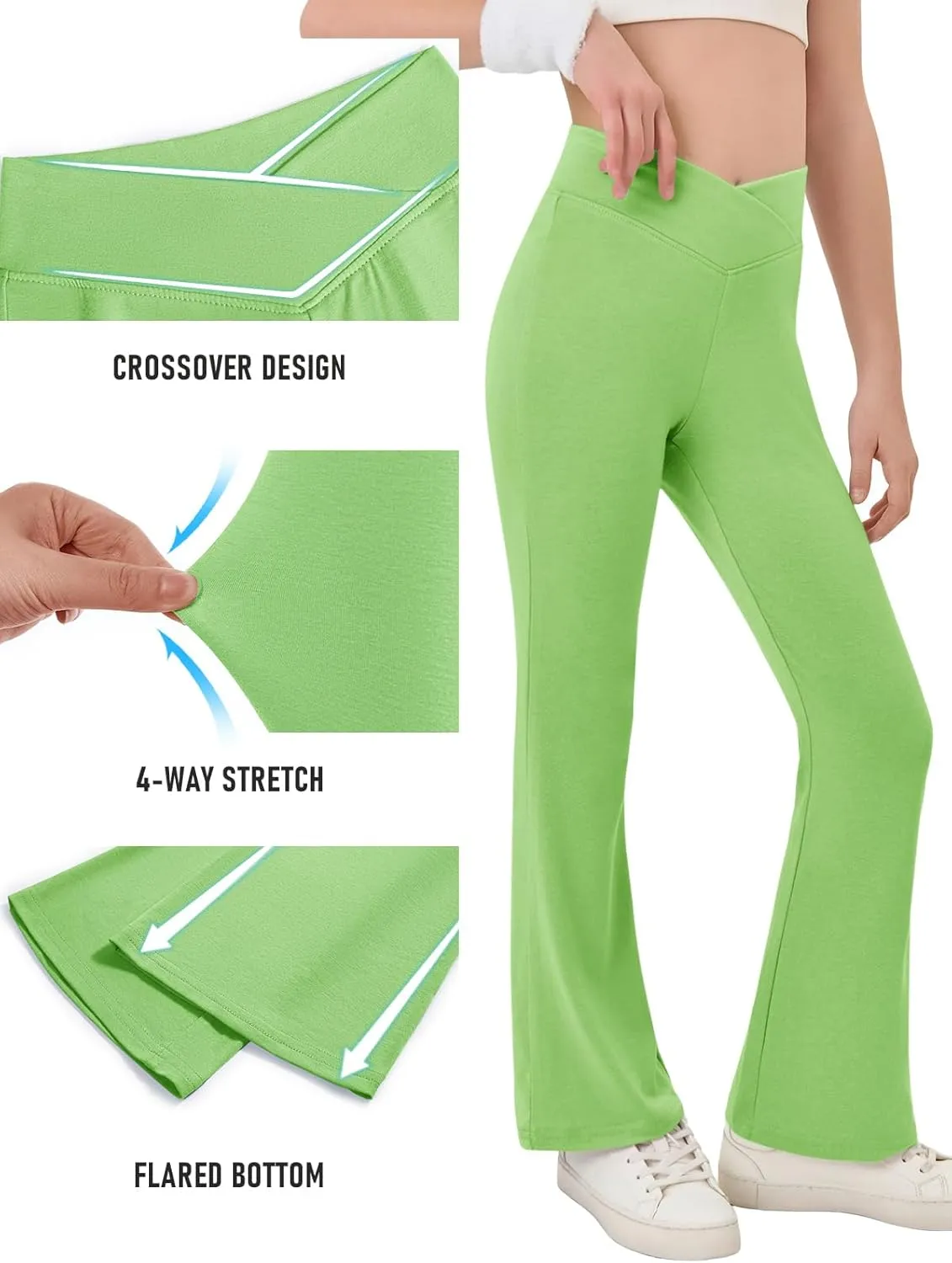 Haloumoning Girls Crossover High Waisted Flare Pants Kids Bootcut Leggings Full Length Bell Bottoms 5-14 Years