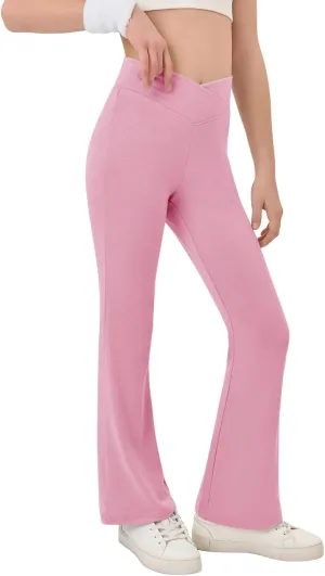 Haloumoning Girls Crossover High Waisted Flare Pants Kids Bootcut Leggings Full Length Bell Bottoms 5-14 Years