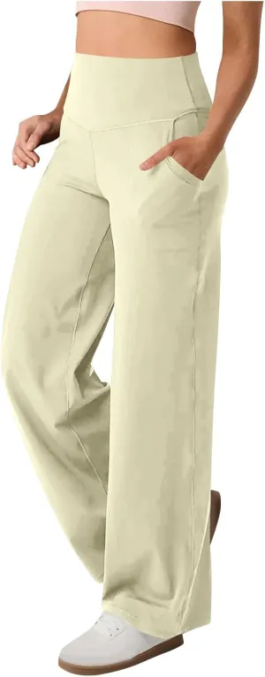 High Waist Tummy Control Pants for Women Loose Wide Leg Trousers with Pocket Comfy Workout Yoga Leggings