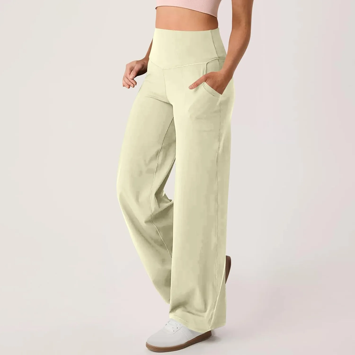 High Waist Tummy Control Pants for Women Loose Wide Leg Trousers with Pocket Comfy Workout Yoga Leggings