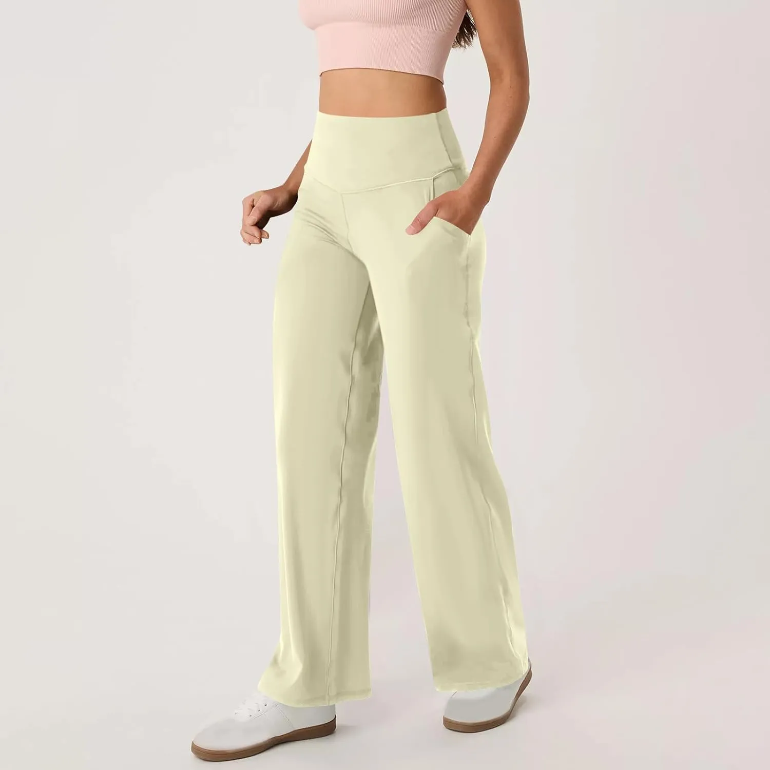 High Waist Tummy Control Pants for Women Loose Wide Leg Trousers with Pocket Comfy Workout Yoga Leggings