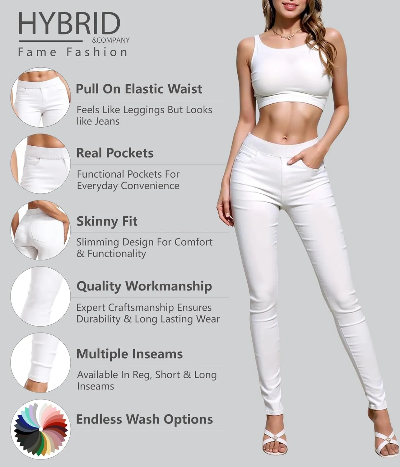 Hybrid & Company Women's Pull On Stretchy Mid Rise Skinny Fit Pants Regular or Distressed Jeans with Long Short Inseam