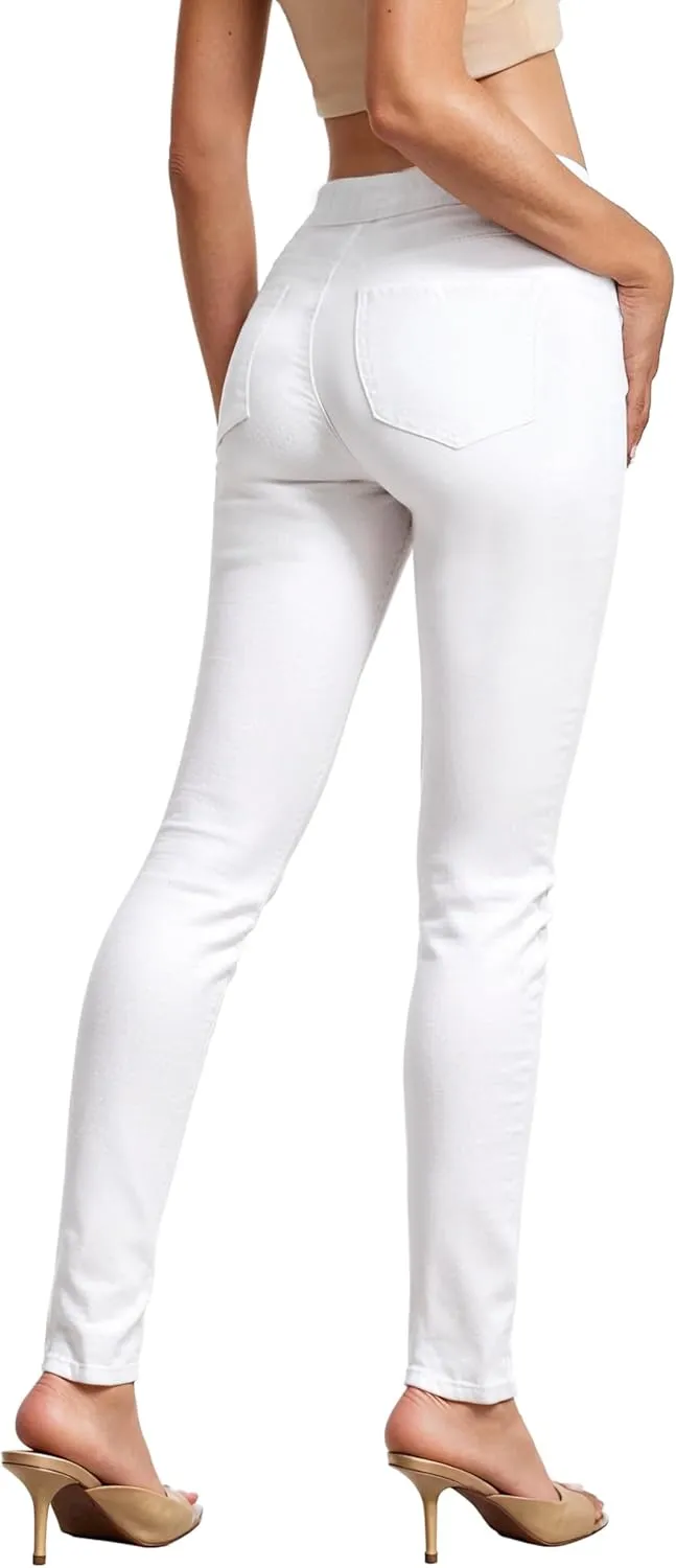 Hybrid & Company Women's Pull On Stretchy Mid Rise Skinny Fit Pants Regular or Distressed Jeans with Long Short Inseam