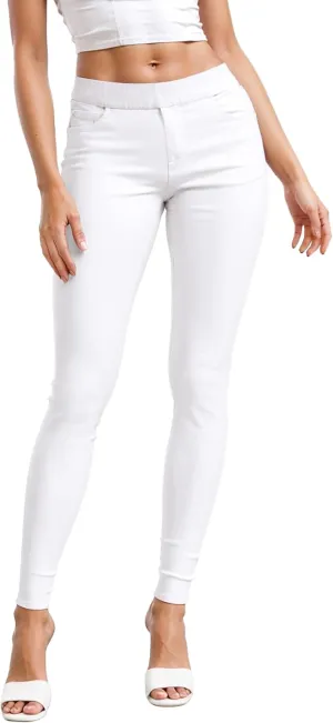Hybrid & Company Women's Pull On Stretchy Mid Rise Skinny Fit Pants Regular or Distressed Jeans with Long Short Inseam