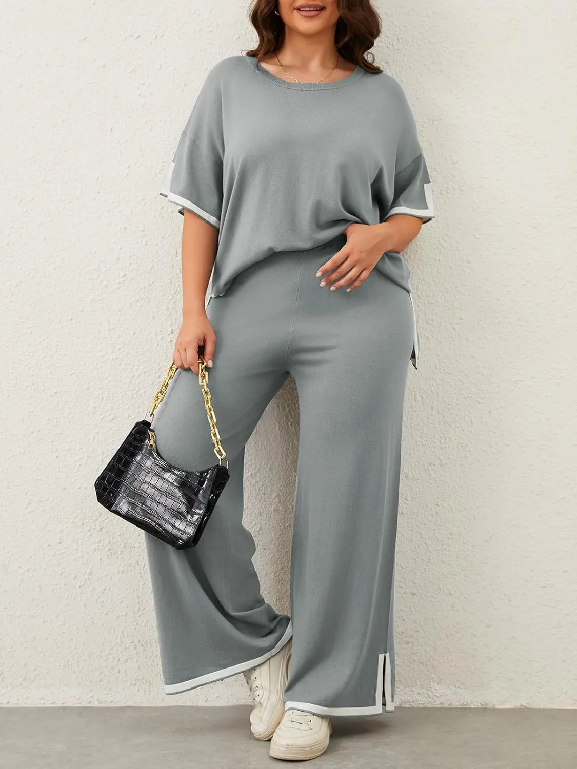 Imily Bela Womens Plus Size Lounge Sets 2 Piece Outfits Short Sleeve Pullover Tops Wide Leg Pants Summer Travel Outfits