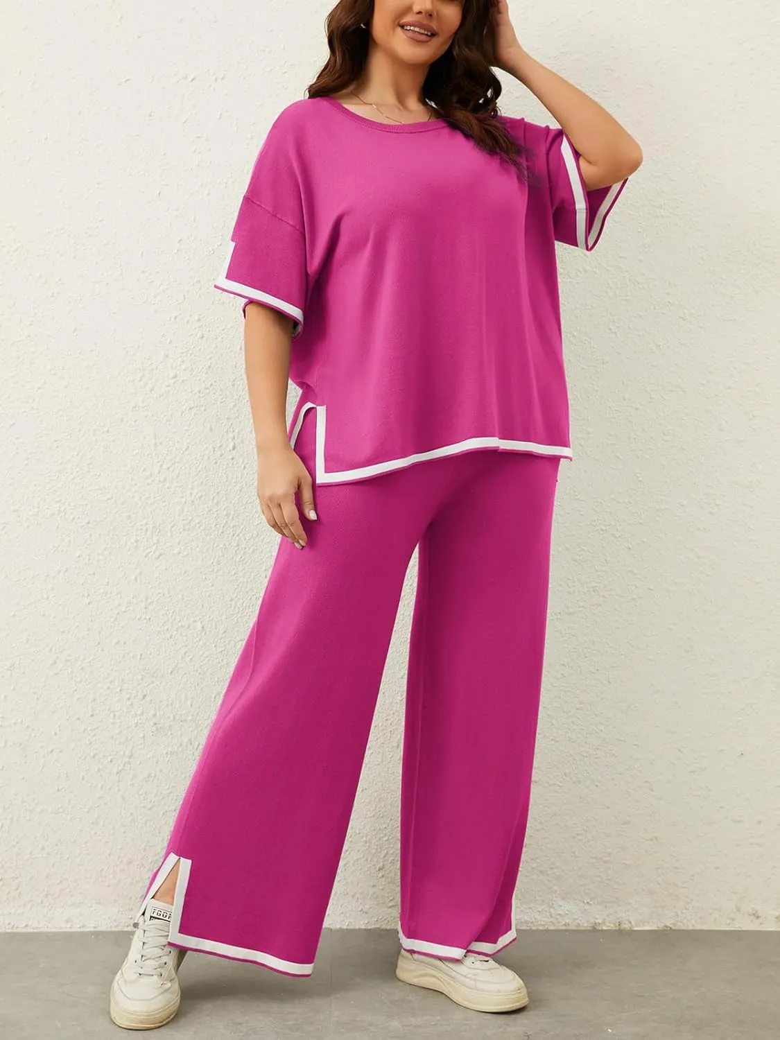 Imily Bela Womens Plus Size Lounge Sets 2 Piece Outfits Short Sleeve Pullover Tops Wide Leg Pants Summer Travel Outfits