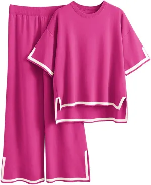 Imily Bela Womens Plus Size Lounge Sets 2 Piece Outfits Short Sleeve Pullover Tops Wide Leg Pants Summer Travel Outfits