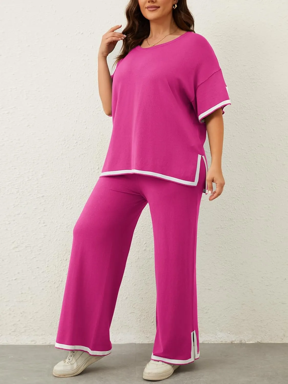 Imily Bela Womens Plus Size Lounge Sets 2 Piece Outfits Short Sleeve Pullover Tops Wide Leg Pants Summer Travel Outfits