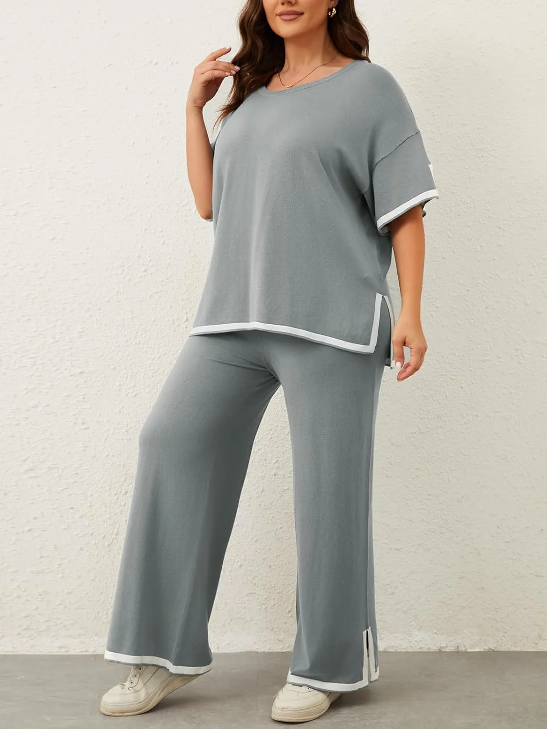 Imily Bela Womens Plus Size Lounge Sets 2 Piece Outfits Short Sleeve Pullover Tops Wide Leg Pants Summer Travel Outfits