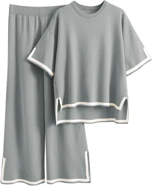 Imily Bela Womens Plus Size Lounge Sets 2 Piece Outfits Short Sleeve Pullover Tops Wide Leg Pants Summer Travel Outfits