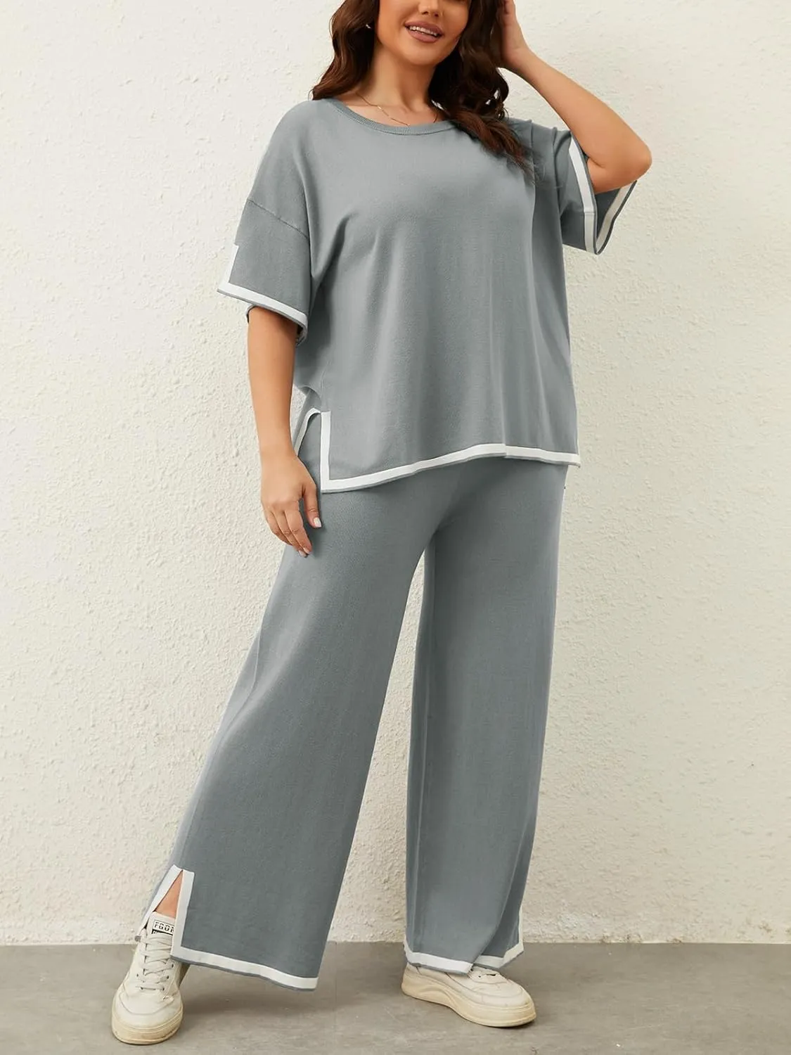 Imily Bela Womens Plus Size Lounge Sets 2 Piece Outfits Short Sleeve Pullover Tops Wide Leg Pants Summer Travel Outfits