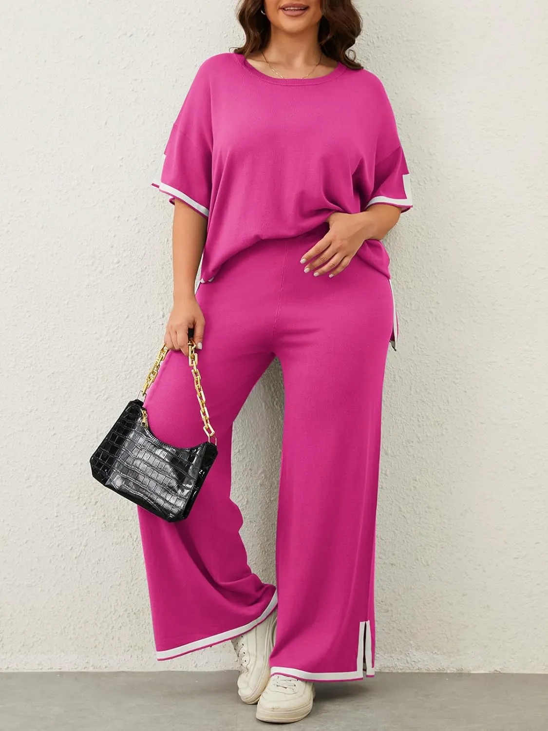 Imily Bela Womens Plus Size Lounge Sets 2 Piece Outfits Short Sleeve Pullover Tops Wide Leg Pants Summer Travel Outfits