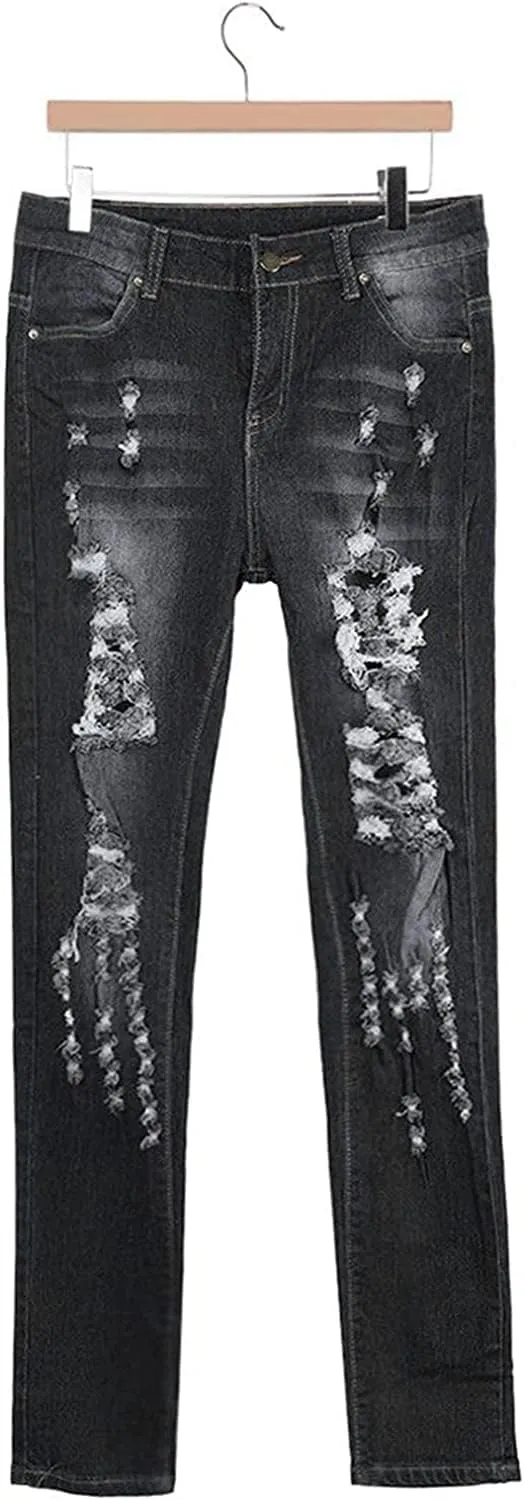 JEKE-DG Women's Ripped Hole High Waist Denim Skinny Destroyed Ankle Jeans Butt Lifting Stretch Distressed Trousers
