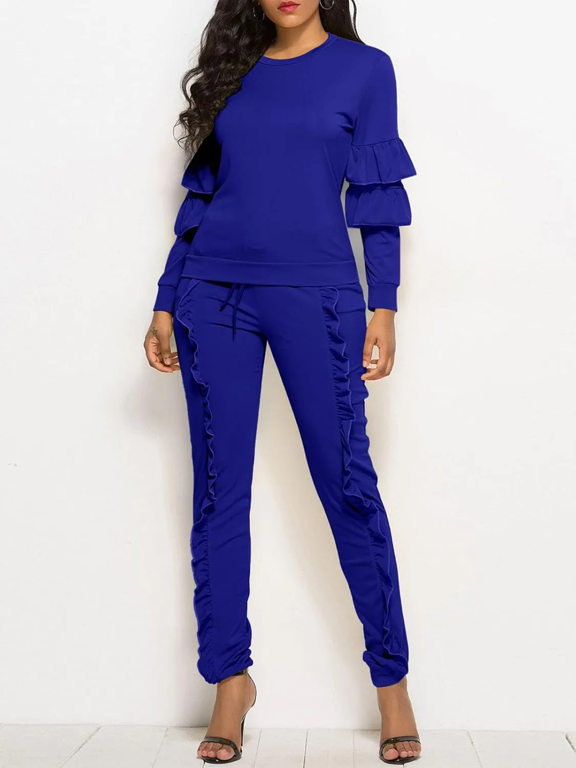 KANSOON Women 2 Pieces Outfits Puff Sleeve Top and Long Flounced Pants Sweatsuits Set Tracksuits