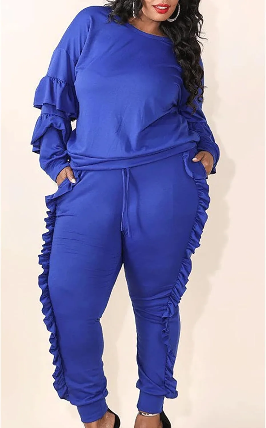 KANSOON Women 2 Pieces Outfits Puff Sleeve Top and Long Flounced Pants Sweatsuits Set Tracksuits