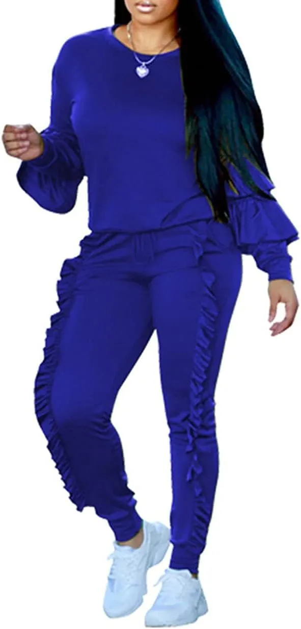 KANSOON Women 2 Pieces Outfits Puff Sleeve Top and Long Flounced Pants Sweatsuits Set Tracksuits