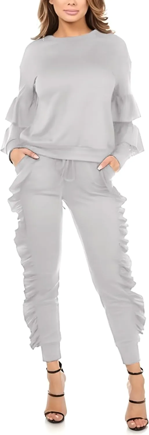 KANSOON Women 2 Pieces Outfits Puff Sleeve Top and Long Flounced Pants Sweatsuits Set Tracksuits