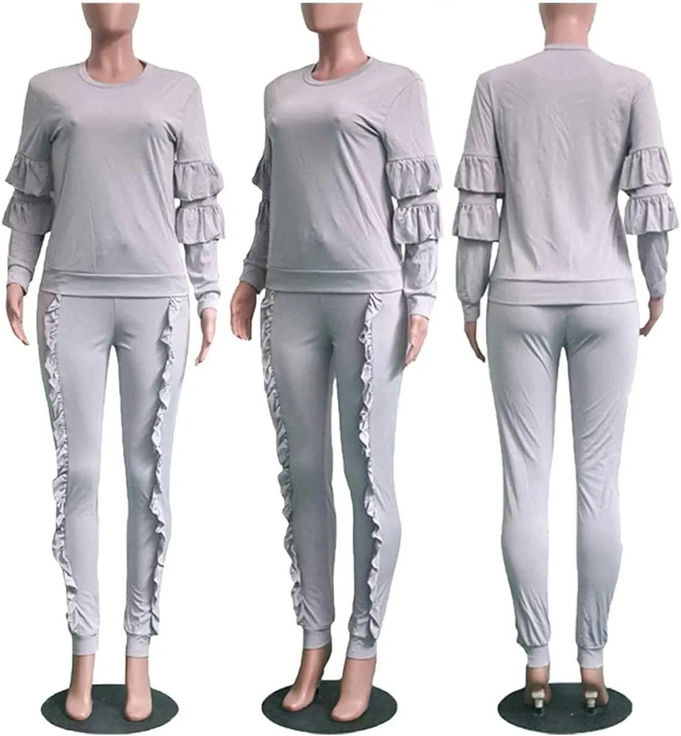 KANSOON Women 2 Pieces Outfits Puff Sleeve Top and Long Flounced Pants Sweatsuits Set Tracksuits