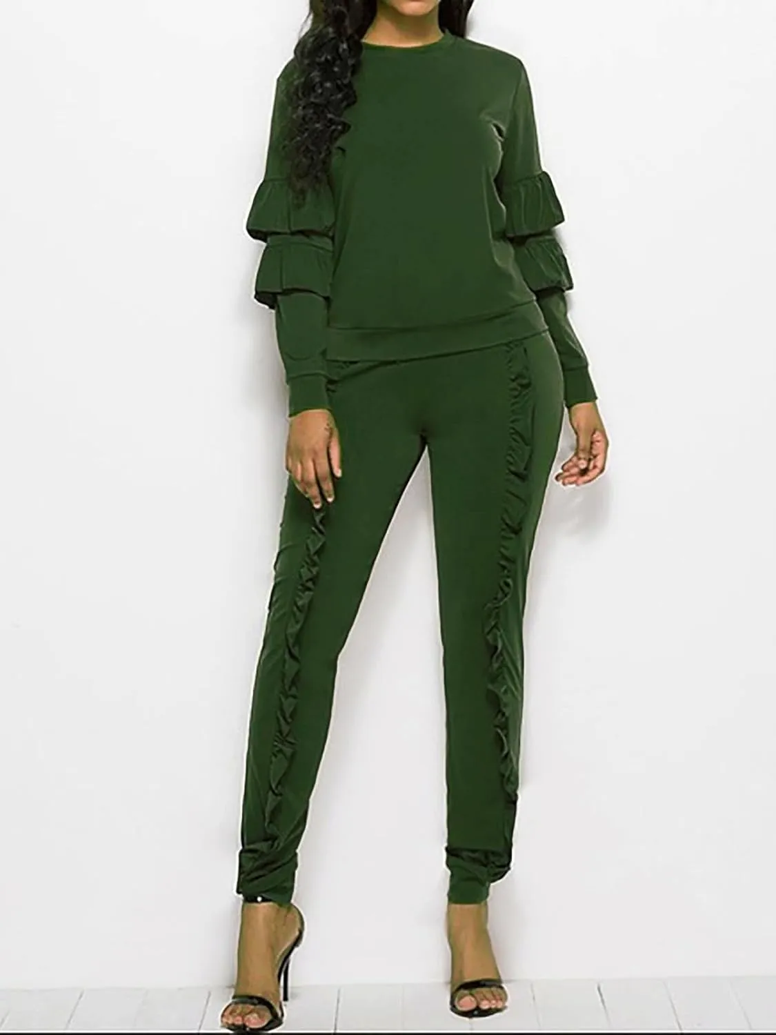 KANSOON Women 2 Pieces Outfits Puff Sleeve Top and Long Flounced Pants Sweatsuits Set Tracksuits