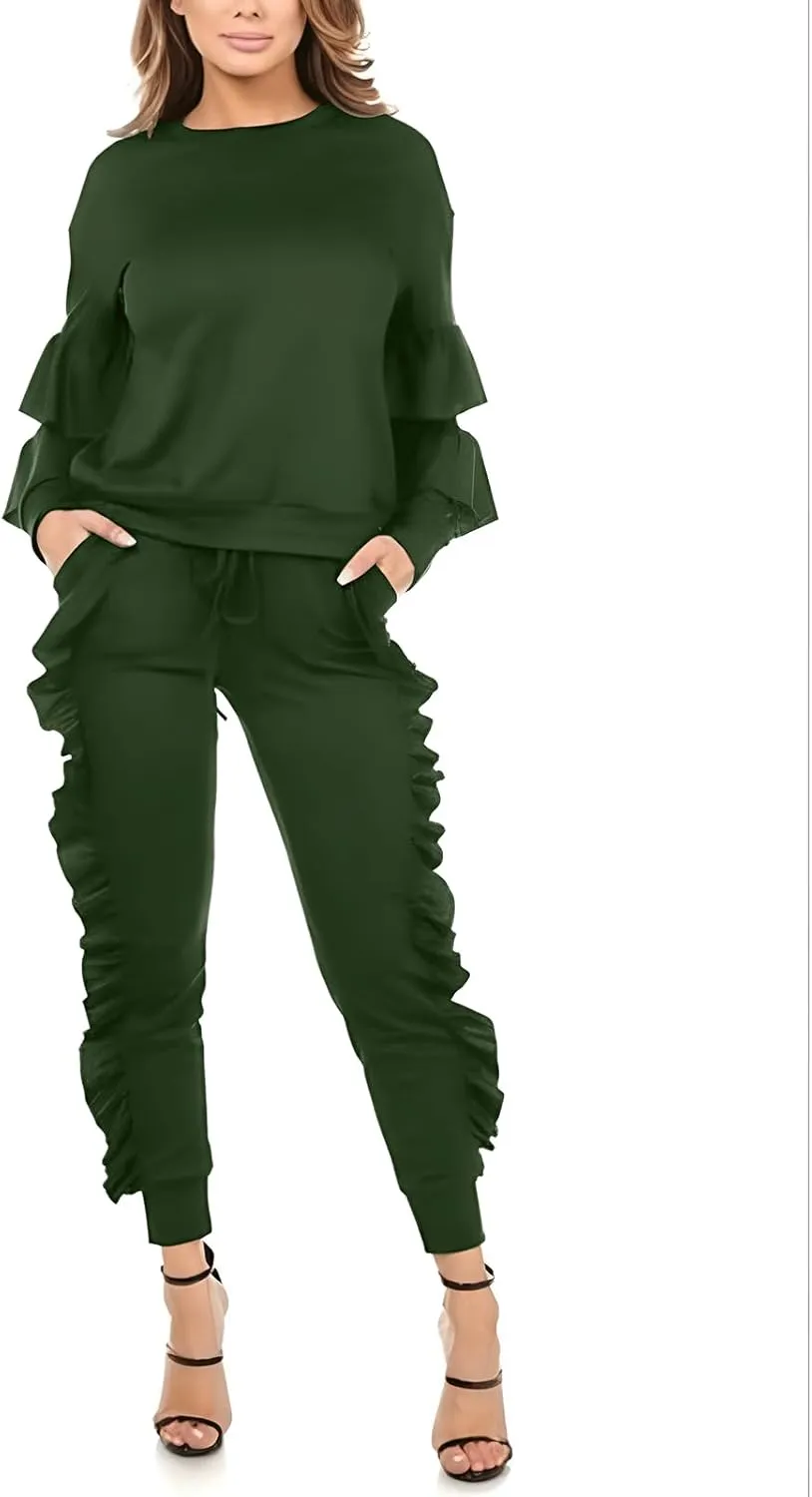 KANSOON Women 2 Pieces Outfits Puff Sleeve Top and Long Flounced Pants Sweatsuits Set Tracksuits