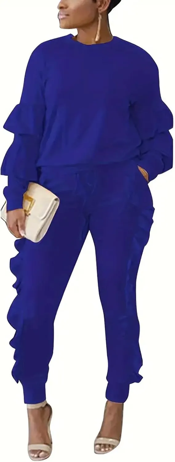KANSOON Women 2 Pieces Outfits Puff Sleeve Top and Long Flounced Pants Sweatsuits Set Tracksuits
