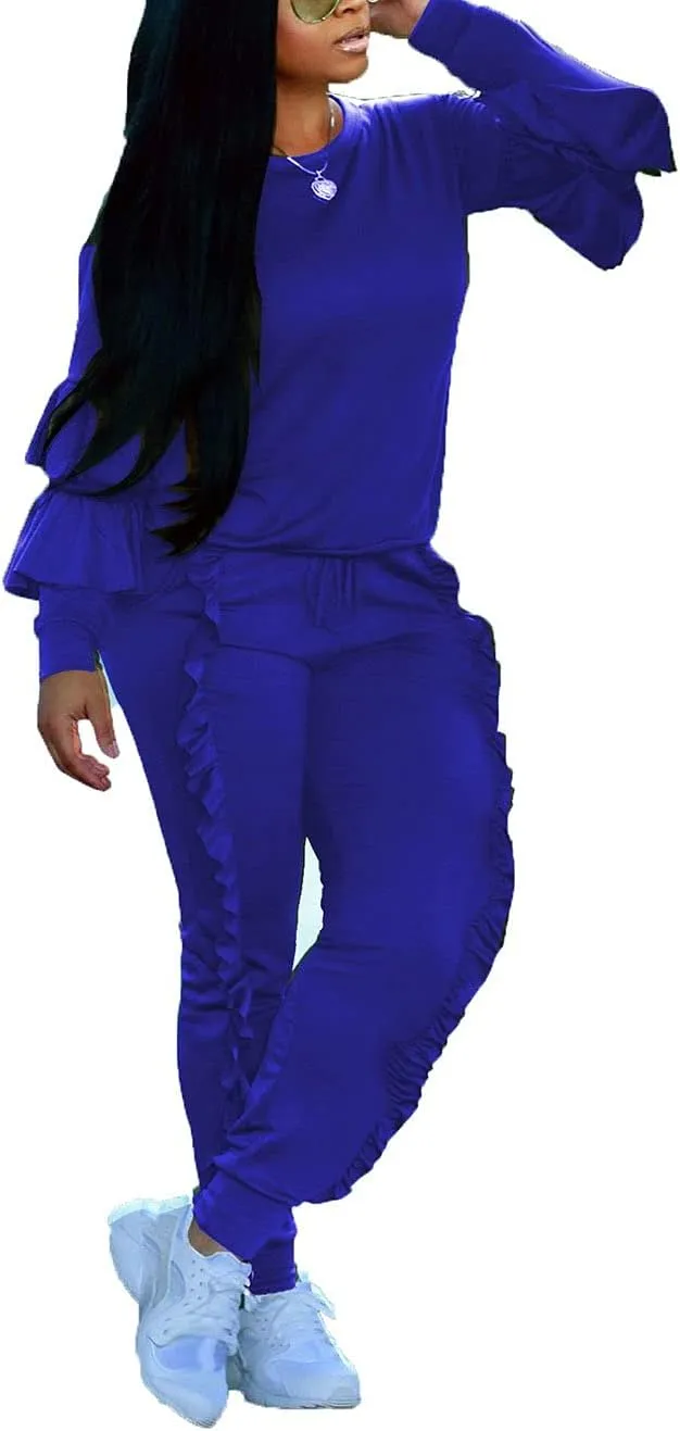 KANSOON Women 2 Pieces Outfits Puff Sleeve Top and Long Flounced Pants Sweatsuits Set Tracksuits