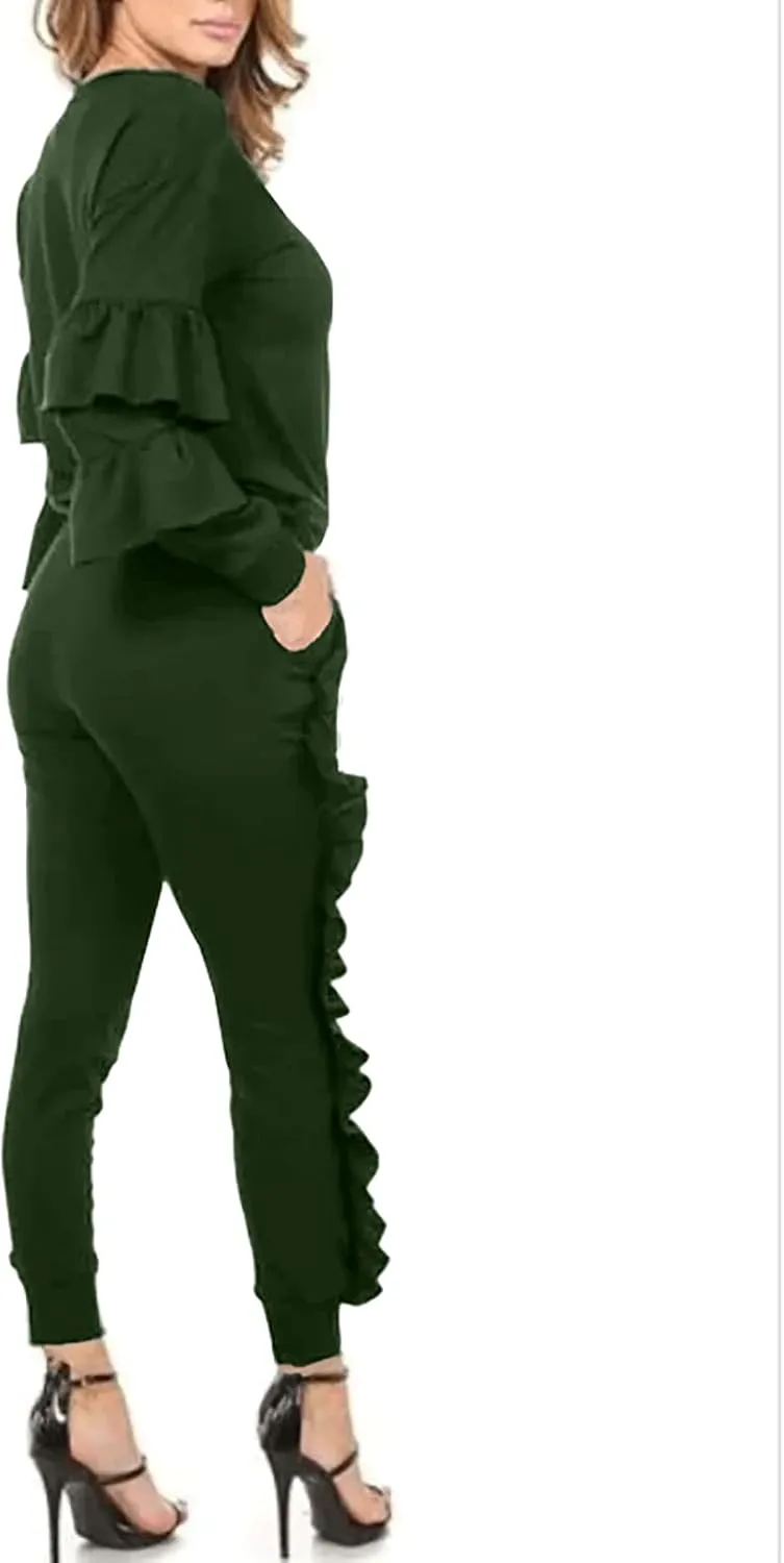 KANSOON Women 2 Pieces Outfits Puff Sleeve Top and Long Flounced Pants Sweatsuits Set Tracksuits