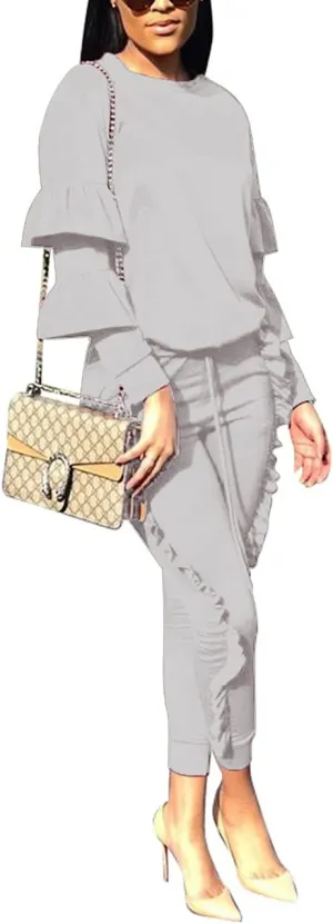 KANSOON Women 2 Pieces Outfits Puff Sleeve Top and Long Flounced Pants Sweatsuits Set Tracksuits