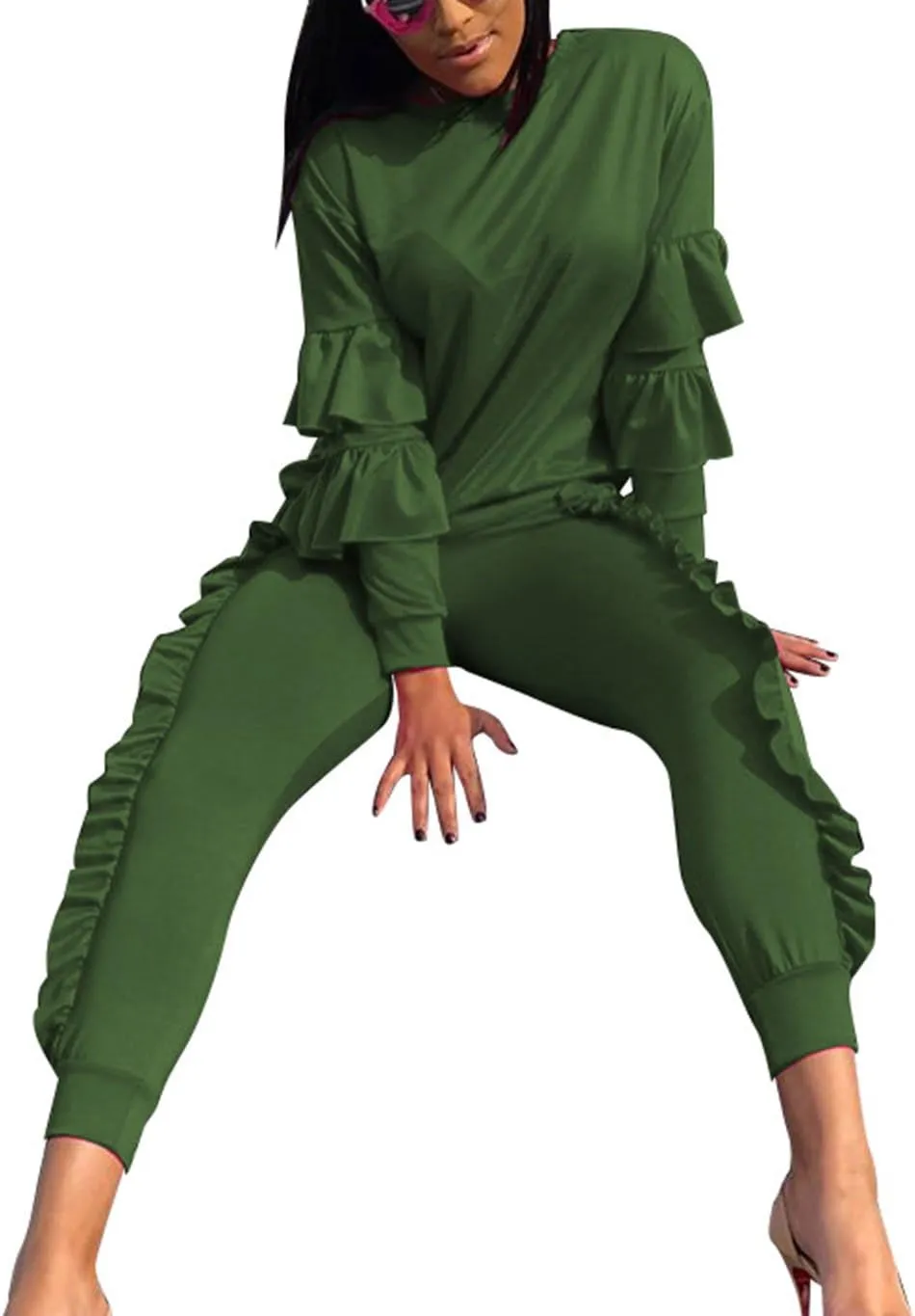 KANSOON Women 2 Pieces Outfits Puff Sleeve Top and Long Flounced Pants Sweatsuits Set Tracksuits