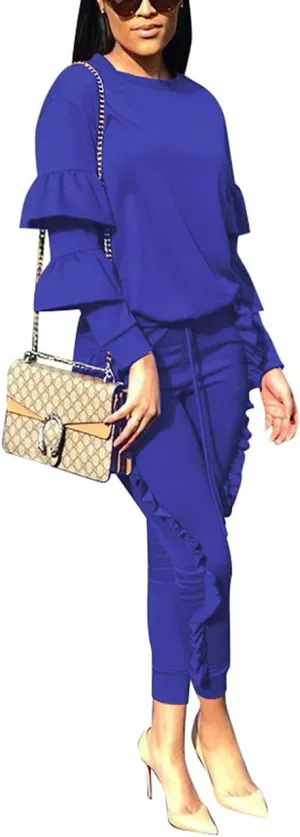 KANSOON Women 2 Pieces Outfits Puff Sleeve Top and Long Flounced Pants Sweatsuits Set Tracksuits