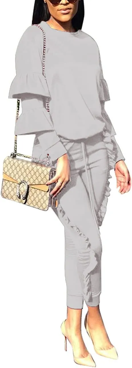 KANSOON Women 2 Pieces Outfits Puff Sleeve Top and Long Flounced Pants Sweatsuits Set Tracksuits